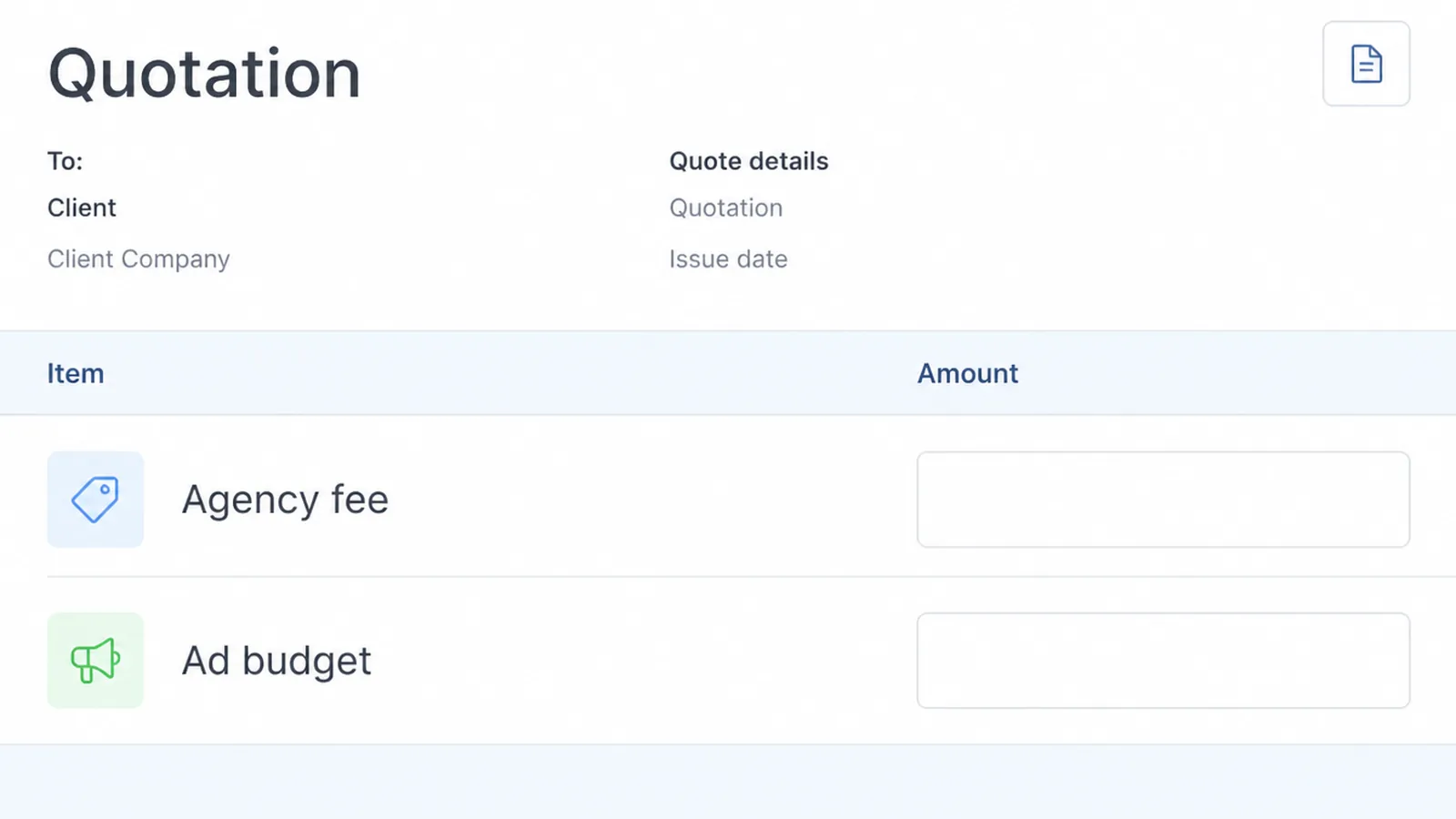Close-up of a quotation open on screen with two separate line items labelled Agency fee and Ad budget
