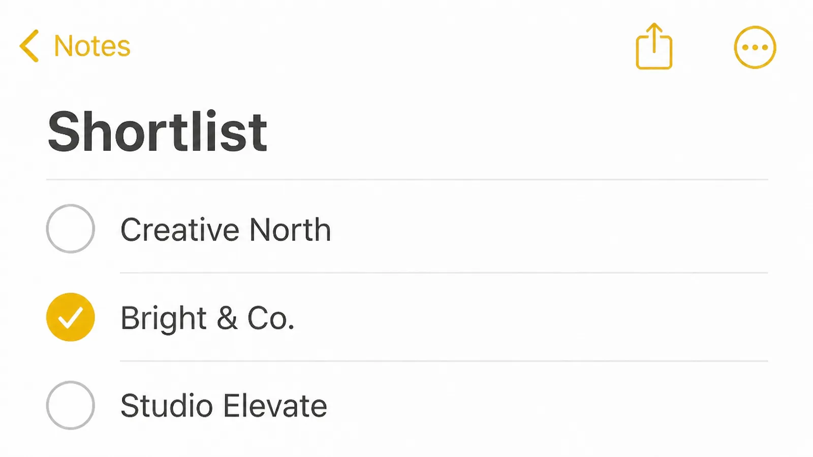 Close-up of a notes app task list headed Shortlist with three agency names and the second one ticked