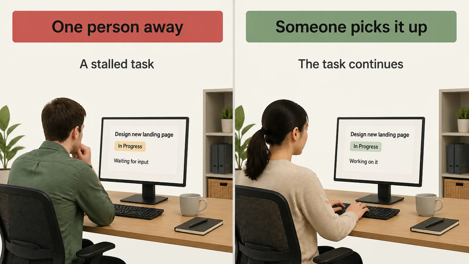 Two panels, one showing a single person unavailable and one showing a second person picking the work up