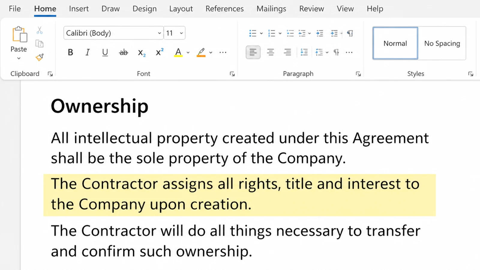 A contract clause open in a document editor headed Ownership, with one sentence highlighted in yellow