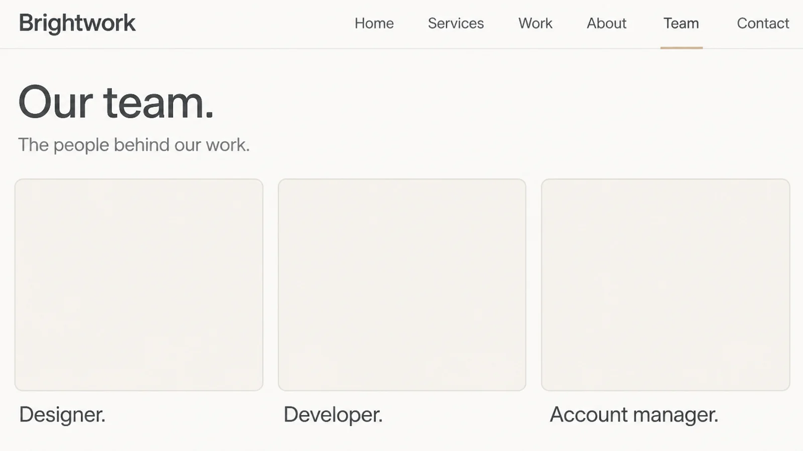 A team page on a company website listing three roles with job titles reading Designer, Developer and Account manager