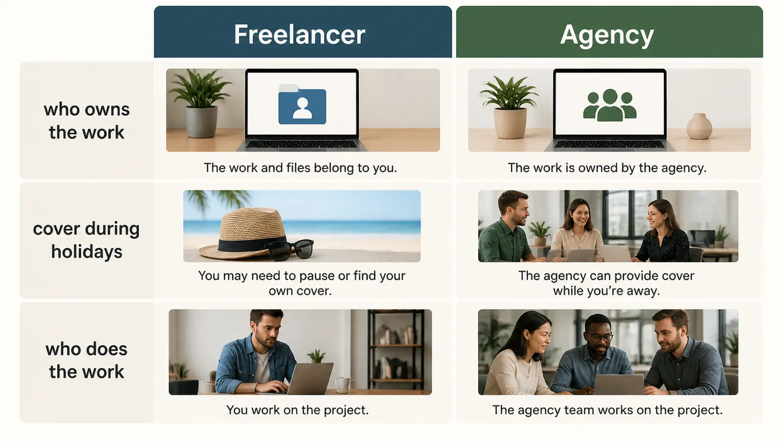 Diagram comparing a solo freelancer and a small agency across ownership, cover during holidays, and who does the work.