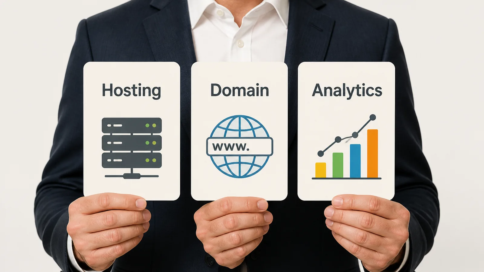 A set of labelled key cards for hosting, domain and analytics, held by a business owner rather than a supplier