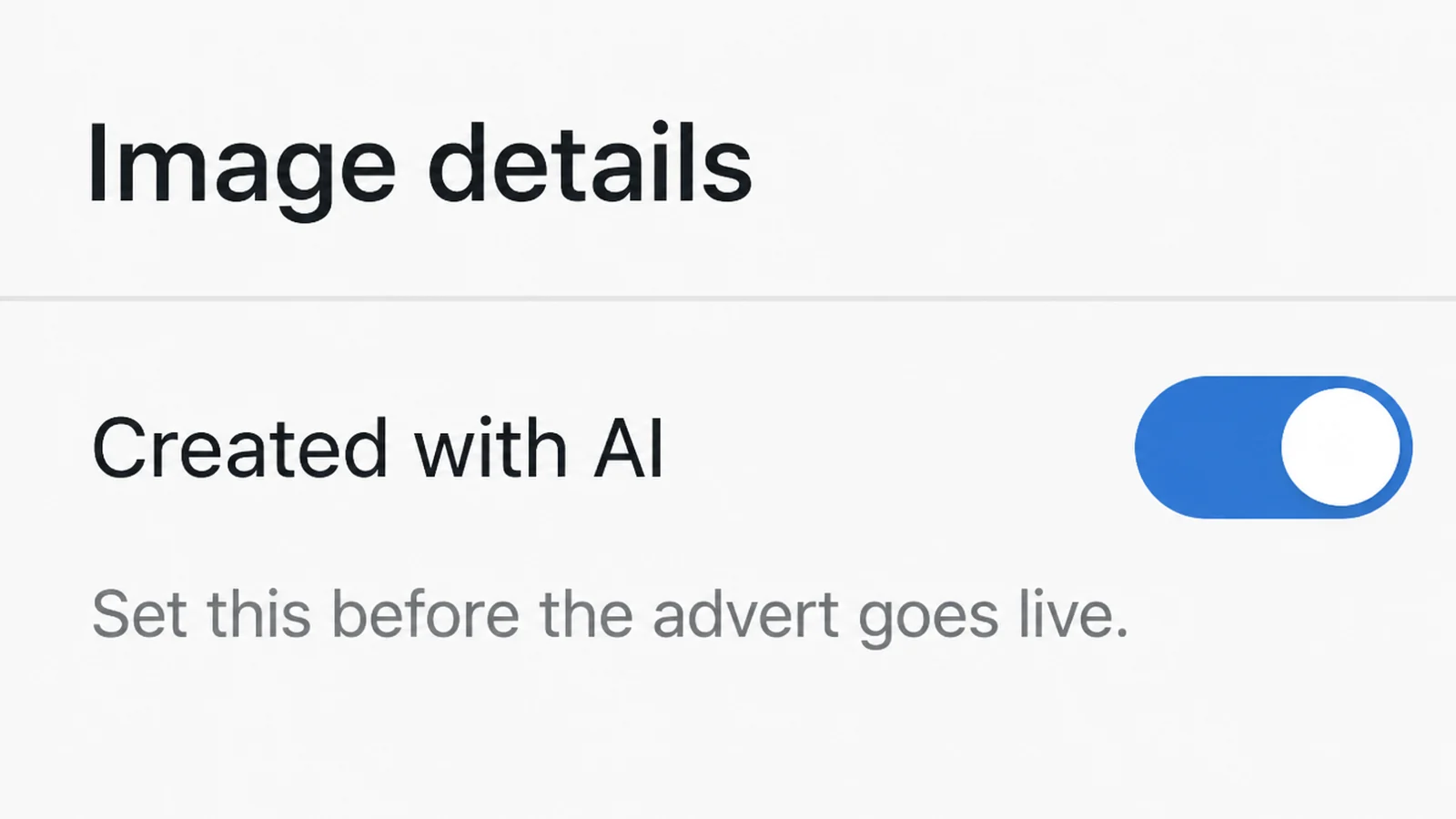 An upload settings page headed Image details with a toggle switched on beside Created with AI