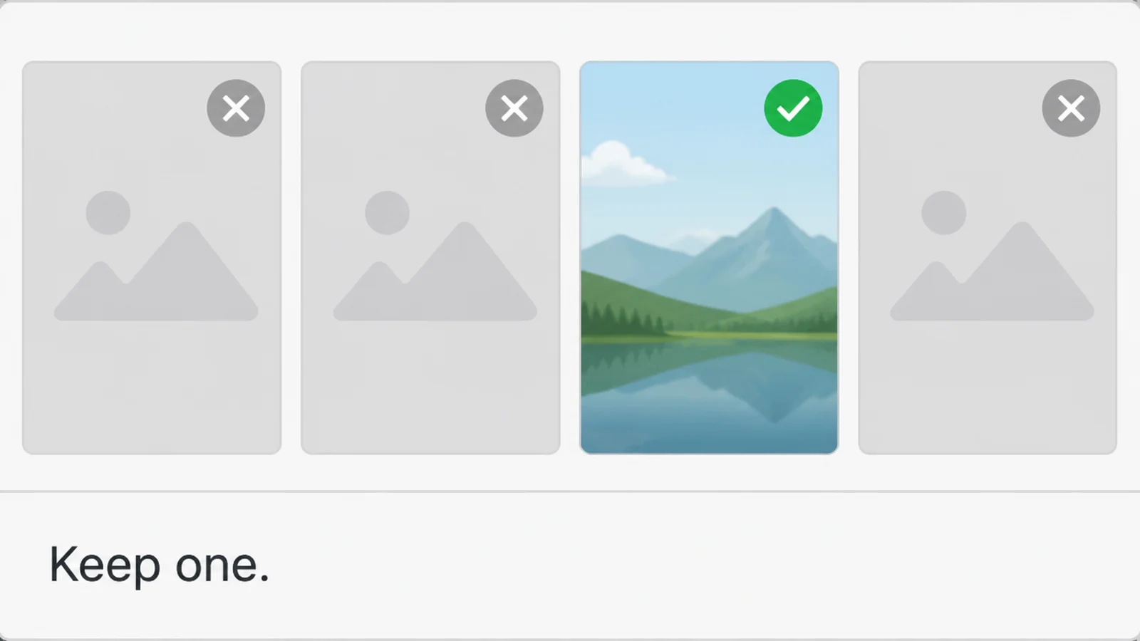 A grid of four generated image tiles, three crossed out and one kept with a green tick
