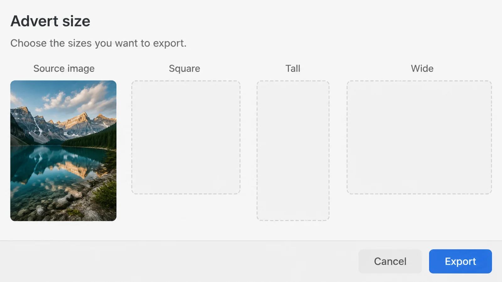 An export dialog showing one source image beside three empty frames labelled Square, Tall and Wide