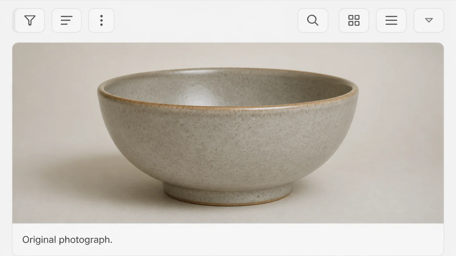 A photo library showing one plain product photograph on a plain surface, labelled Original photograph