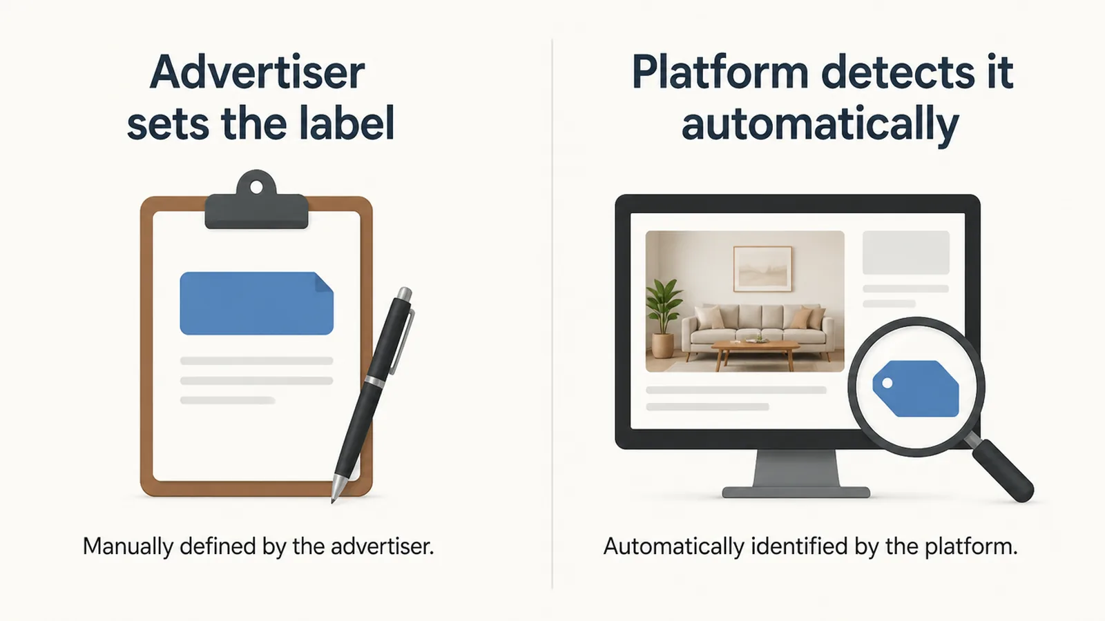 Chart comparing how Google and Meta handle AI labels on ads, one by advertiser setting and one by automatic detection.