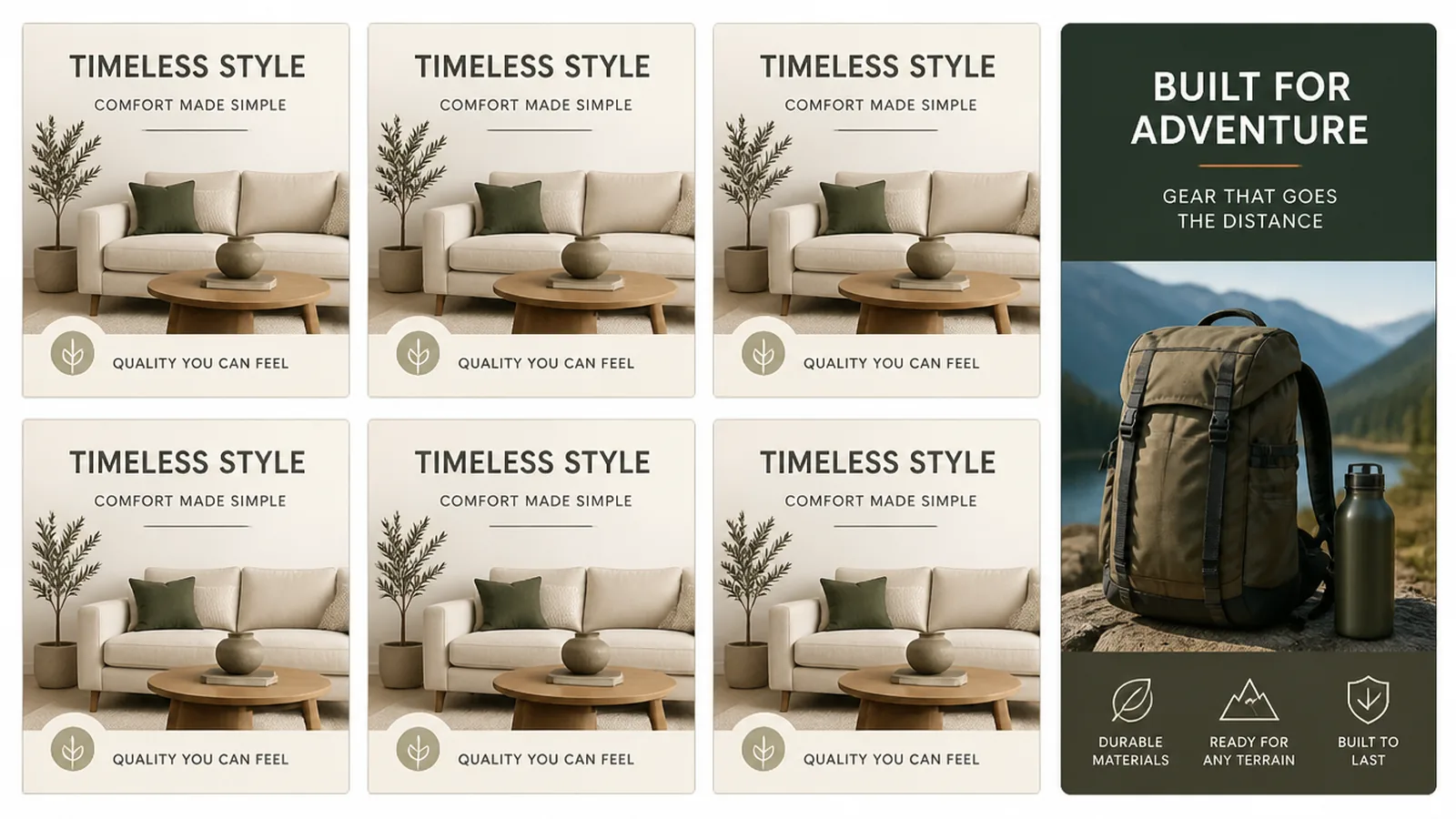 A grid of adverts that all share one identical generated look, beside a single distinct advert