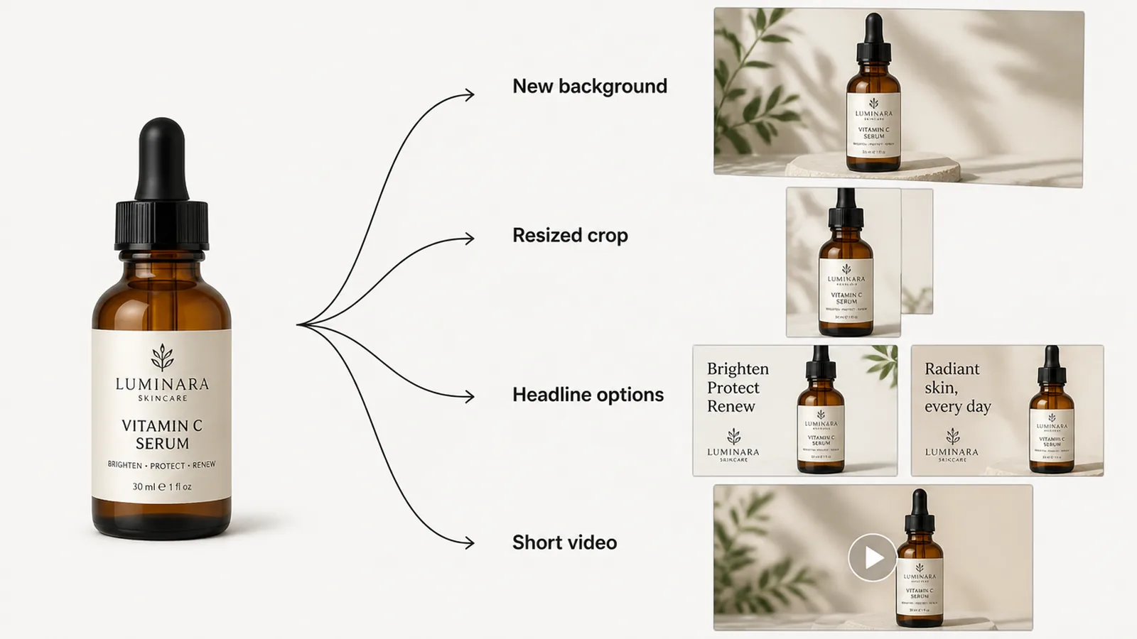 Diagram showing one product photograph feeding four AI outputs: new background, resized crop, headline options and short video.