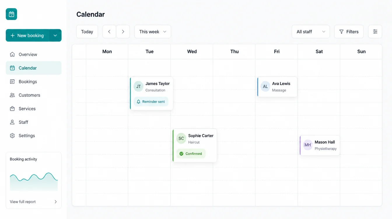 Booking calendar app screen showing appointments with confirmed and reminder sent status tags.