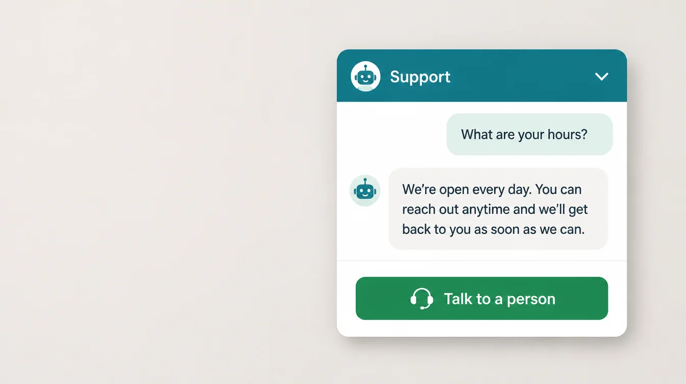 Website chat widget showing a customer question about hours answered instantly, with an option to talk to a person.