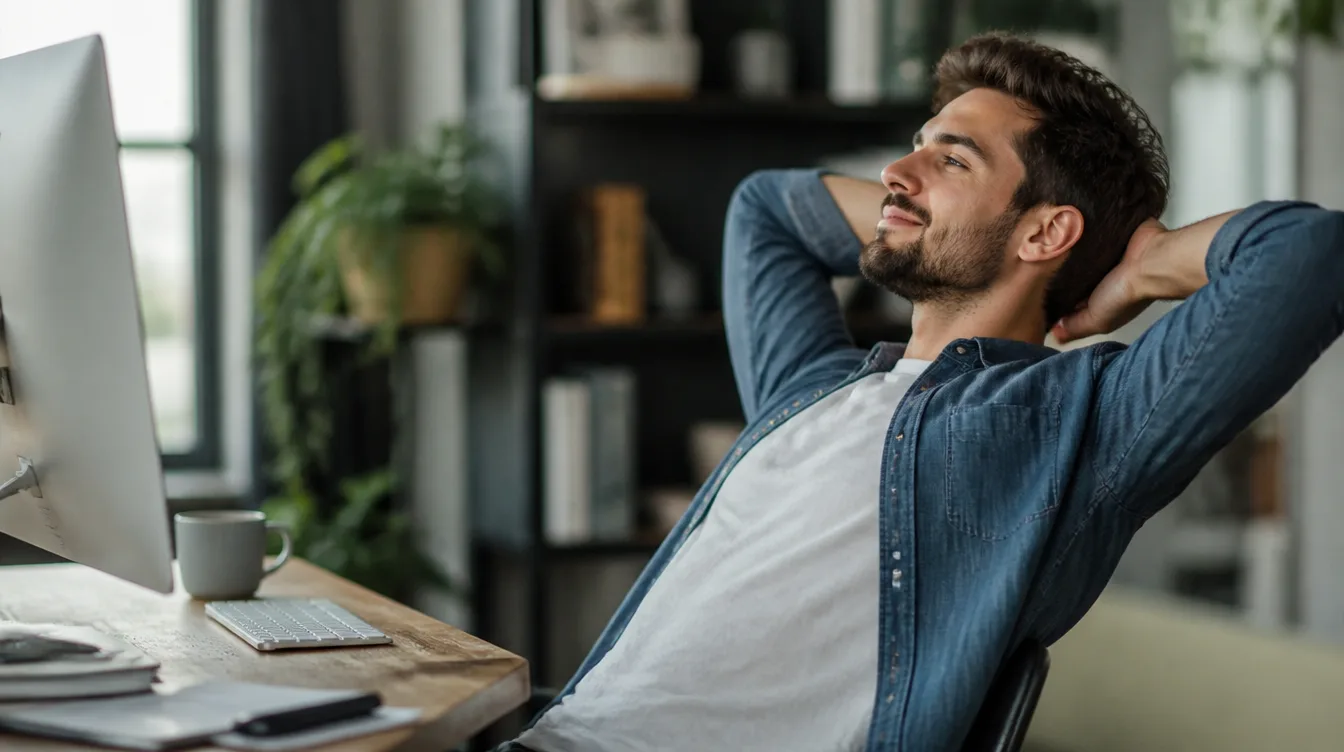 A person leaning back with hands off the keyboard, letting the work run on its own.