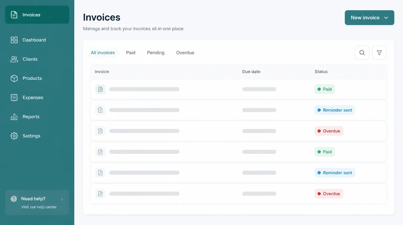 Invoicing app screen listing invoices with paid, reminder sent, and overdue status tags.
