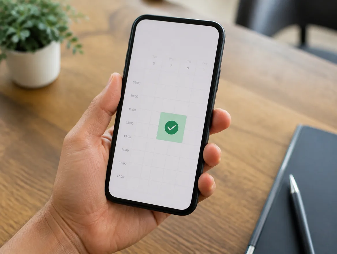 A hand holding a phone that shows a calendar slot being confirmed.