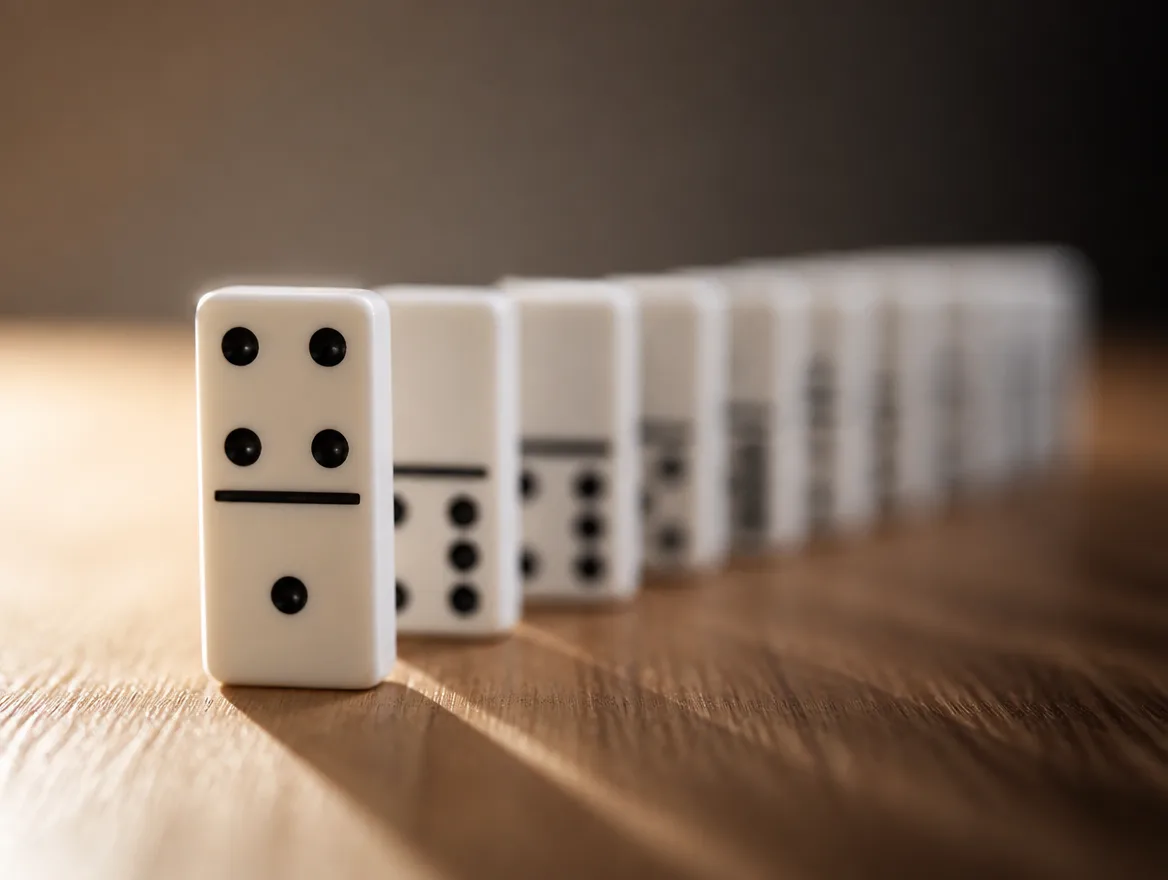 A single lit domino standing first in a row, ready to tip the rest.