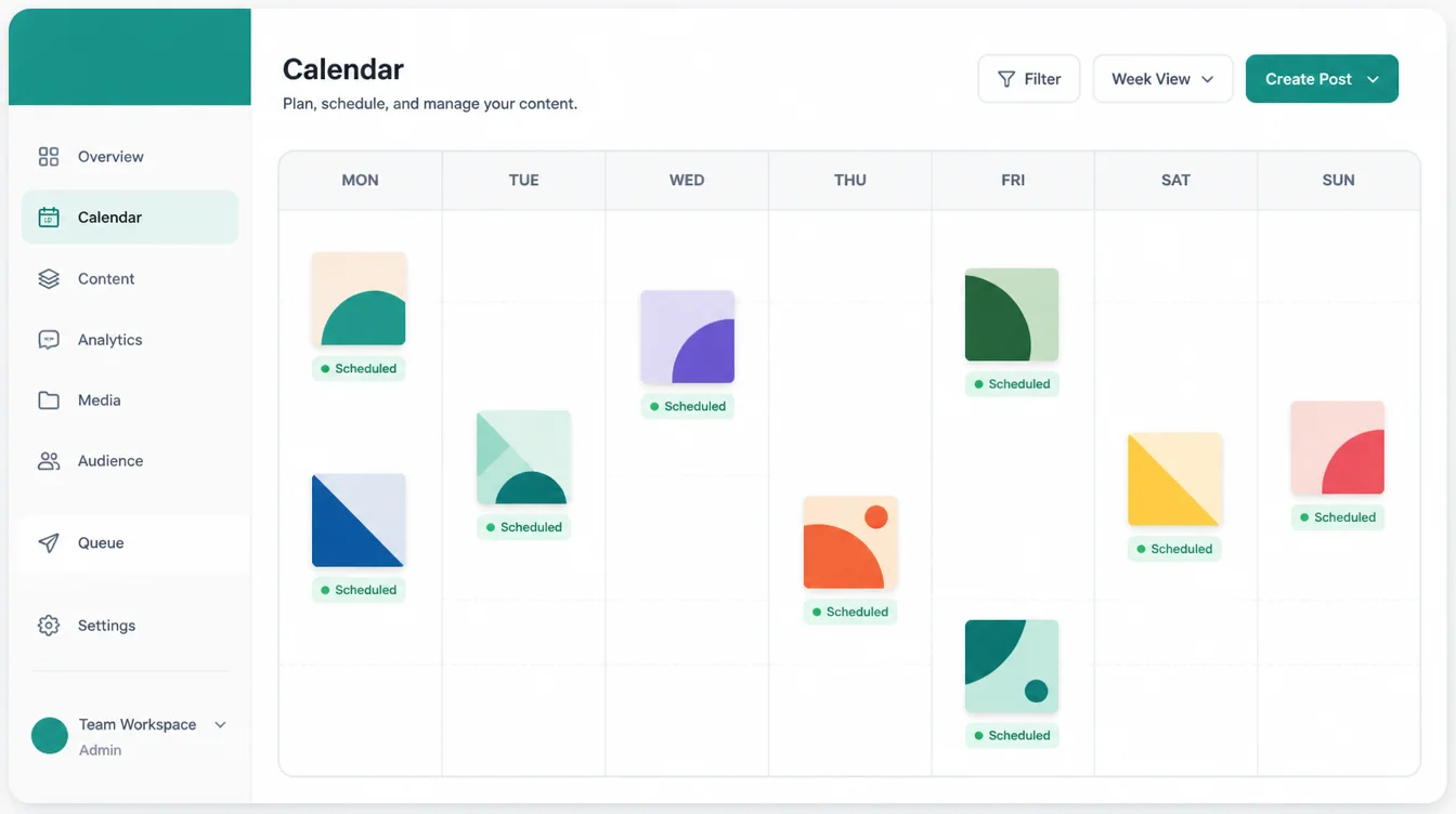 Weekly content calendar app showing posts scheduled across different days of the week.
