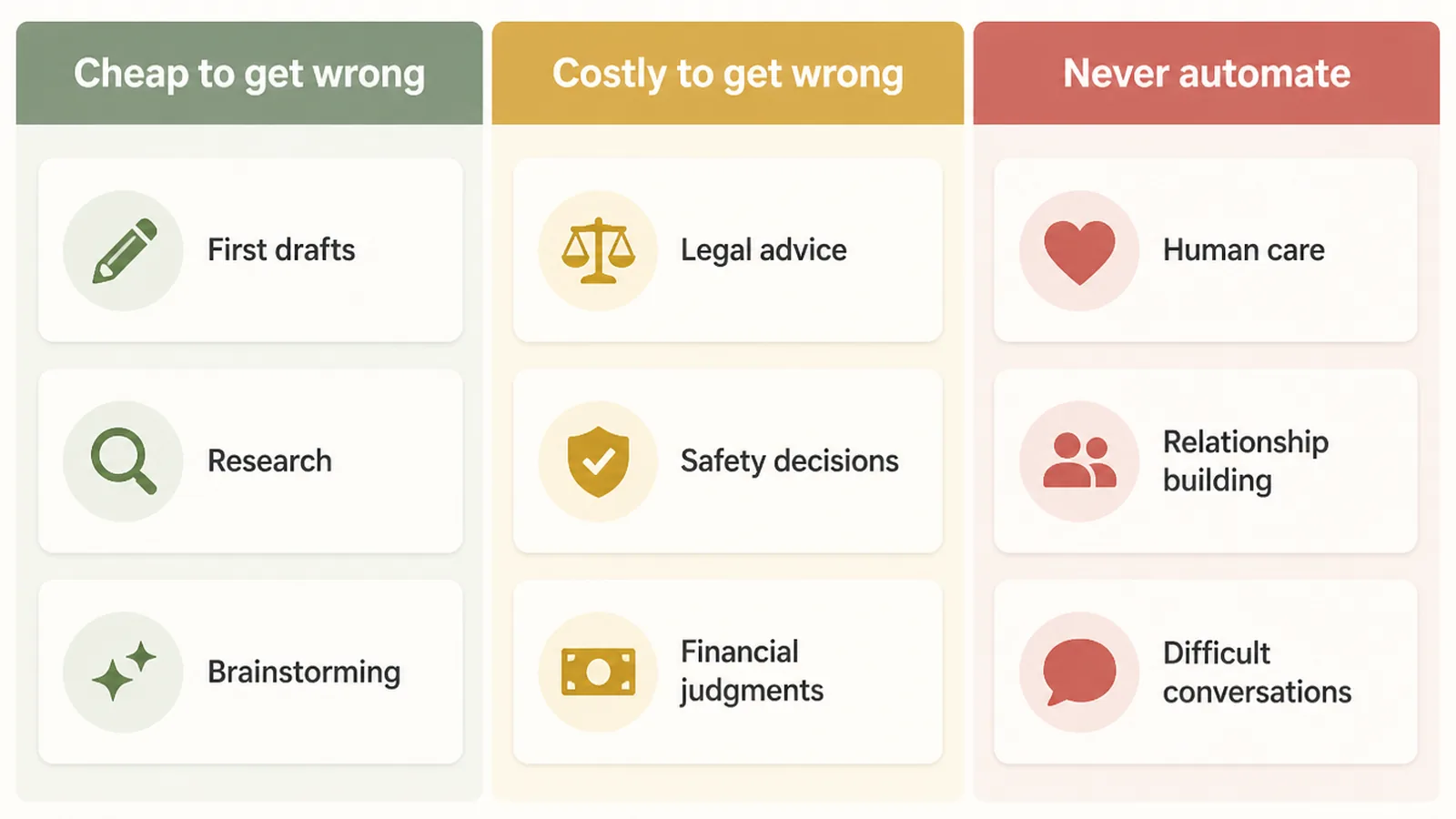 Small business tasks sorted into three columns by what a wrong answer would cost