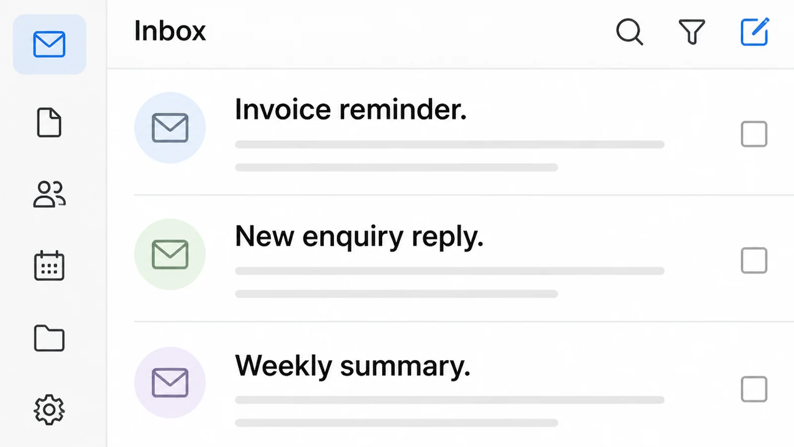 A message inbox showing three rows with subject lines reading Invoice reminder, New enquiry reply and Weekly summary