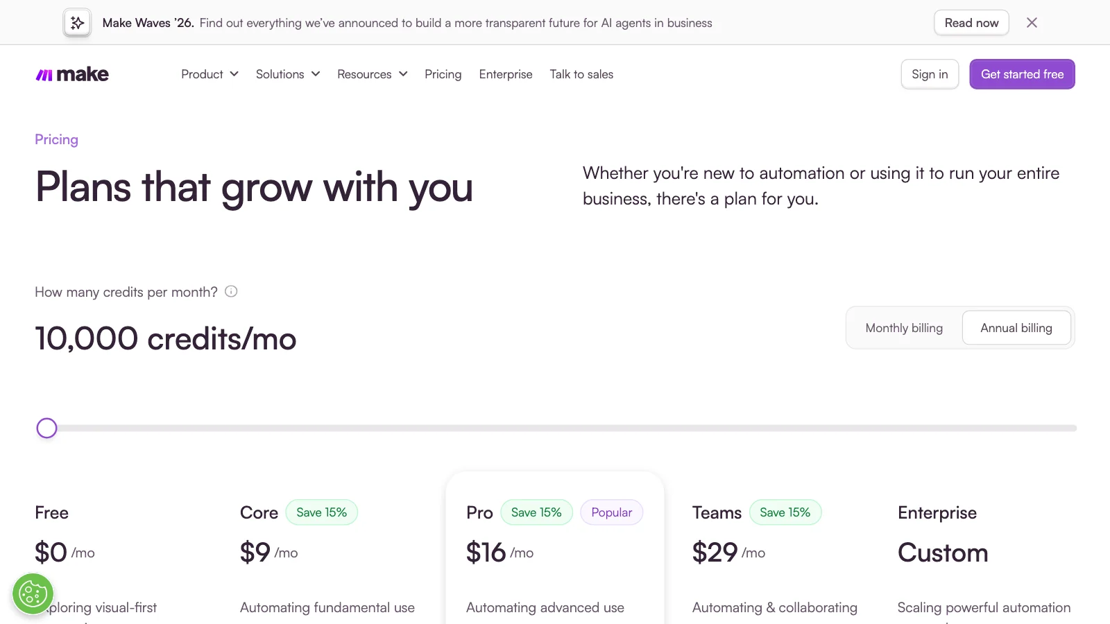 Screenshot of Make's pricing page headed Plans that grow with you, showing a credits slider