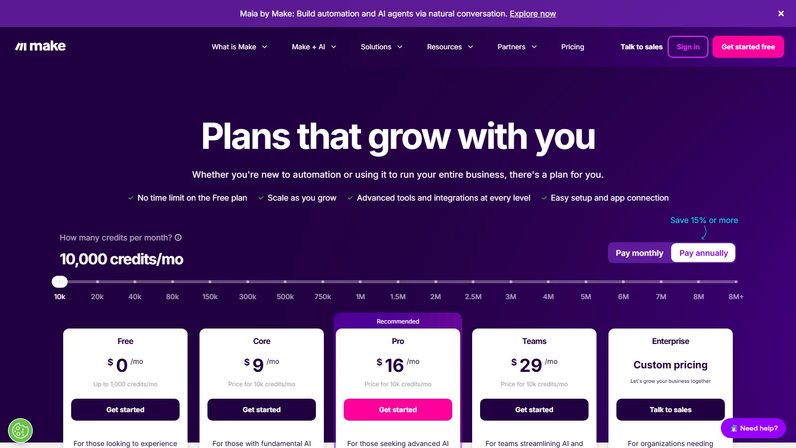 The Make pricing page as published on its own website, showing credits as the billing unit