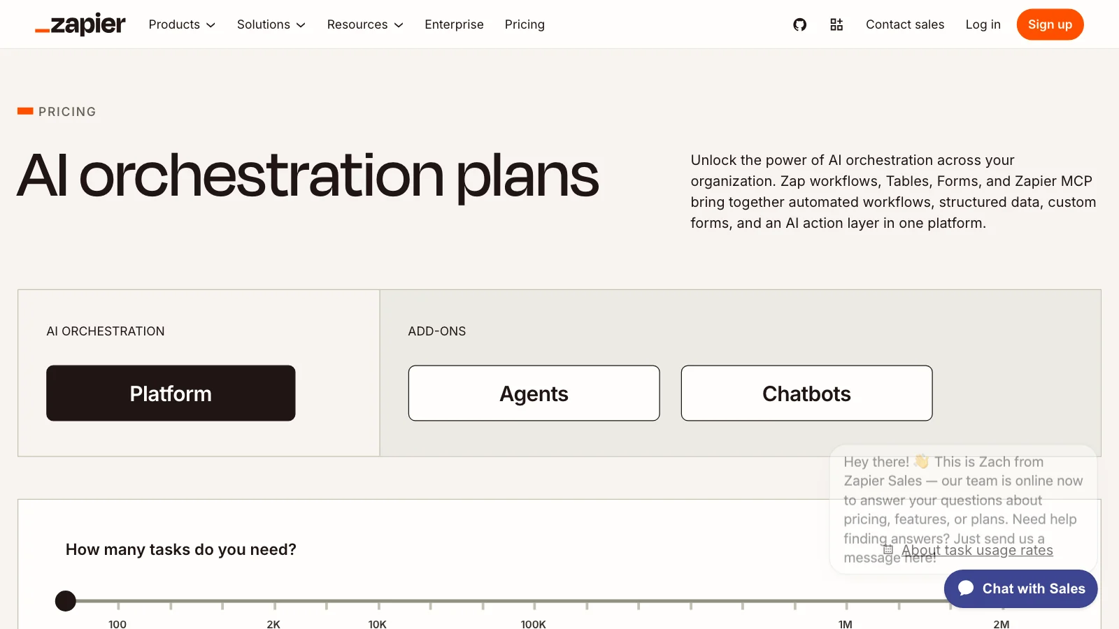 Screenshot of Zapier's pricing page showing its plans and a slider asking how many tasks you need
