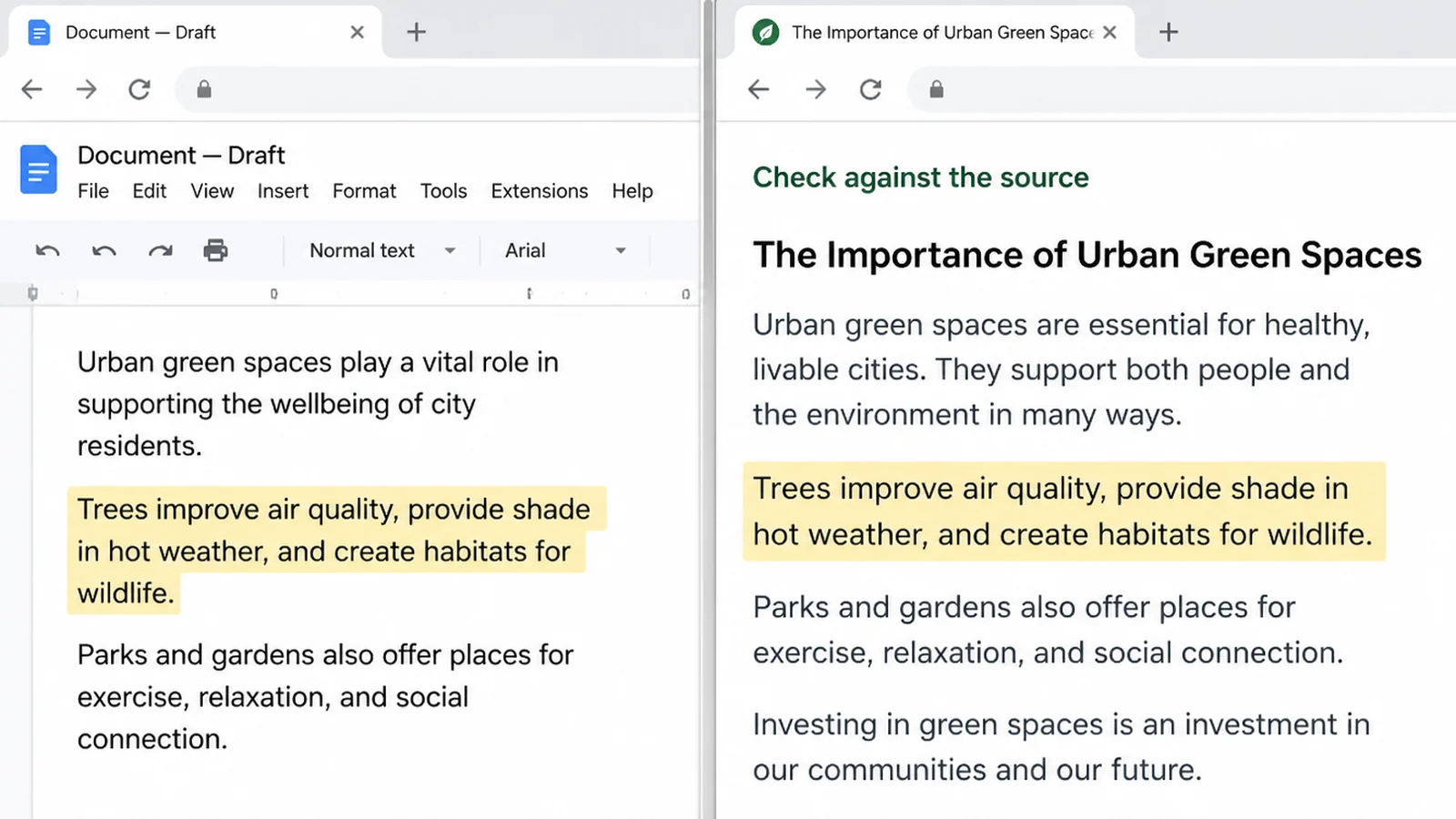 Two browser windows side by side, a draft sentence highlighted on the left and the matching sentence on a source page on the right