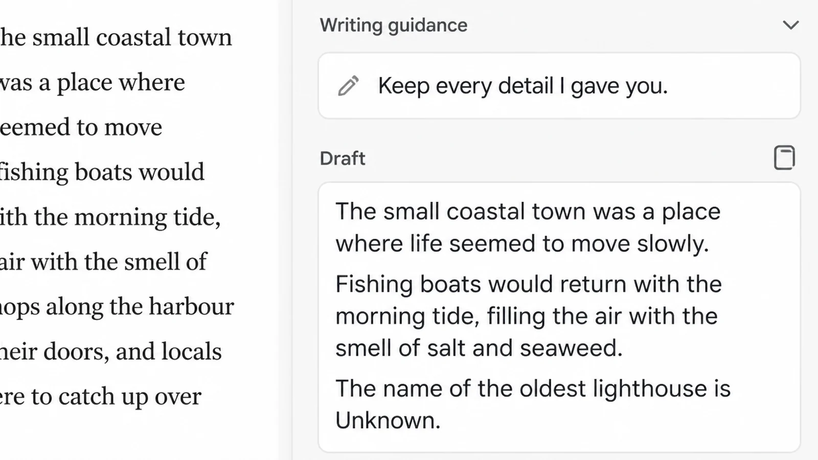 A writing assistant panel beside a draft, with an instruction reading Keep every detail I gave you and one gap marked Unknown