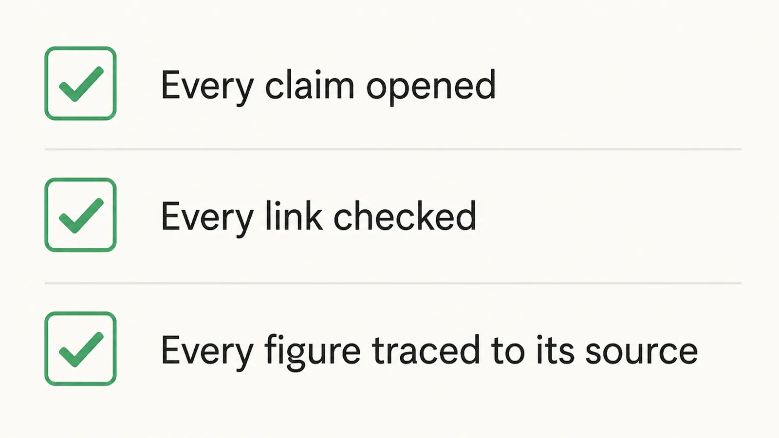 A checklist panel with rows for every claim, every link and every number, each with a tick box