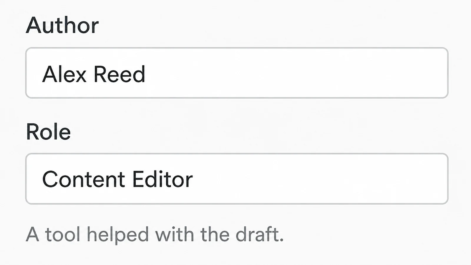 An article byline area with an Author field, a Role field and a note underneath reading A tool helped with the draft