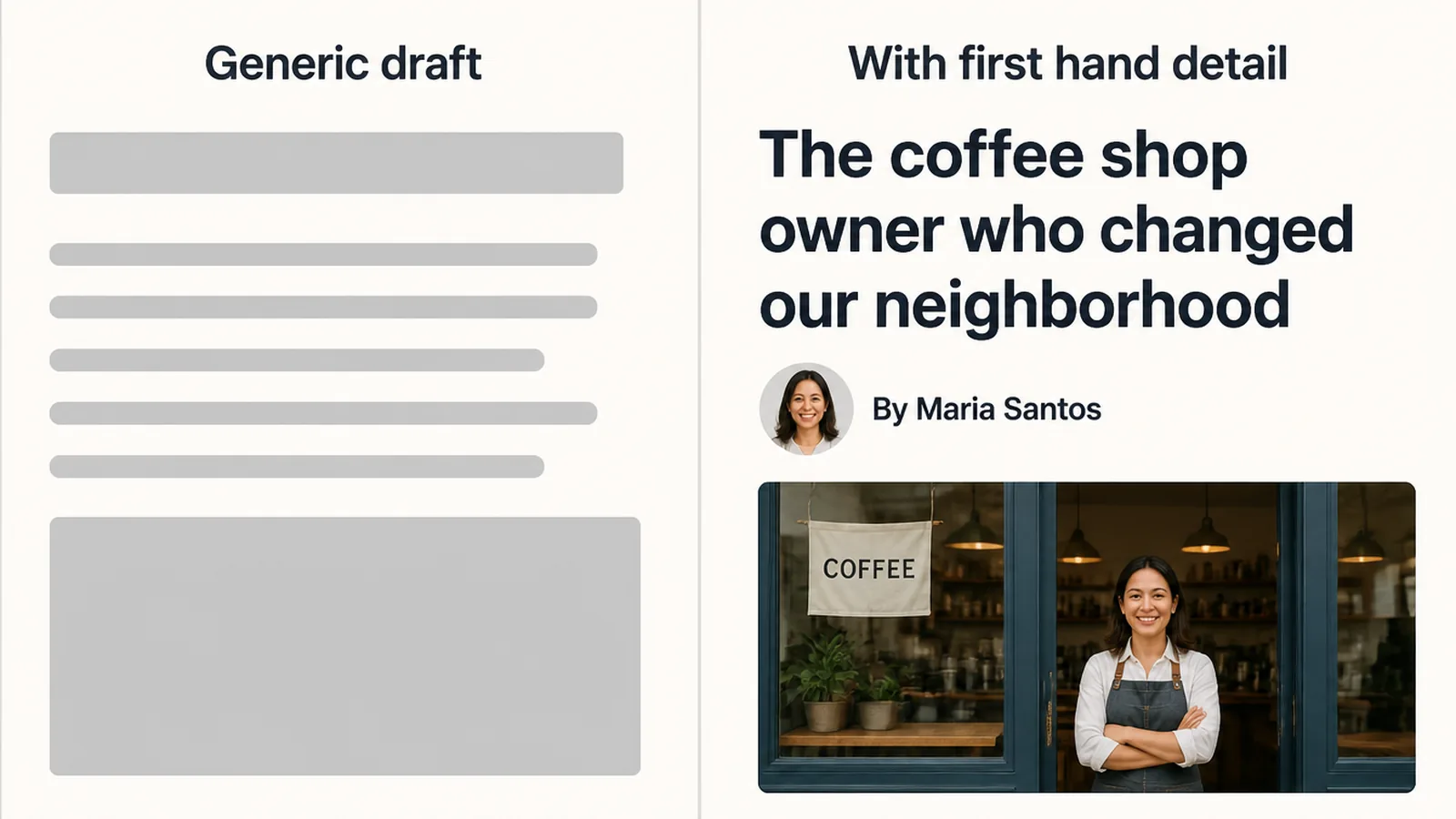 Two article pages compared, one thin and generic and one carrying first hand detail and a named author
