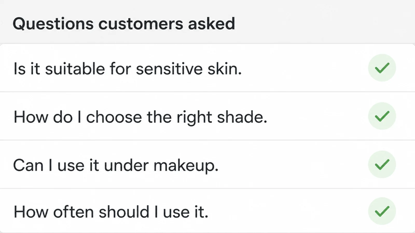 A content planning list headed Questions customers asked, holding four short questions each ticked