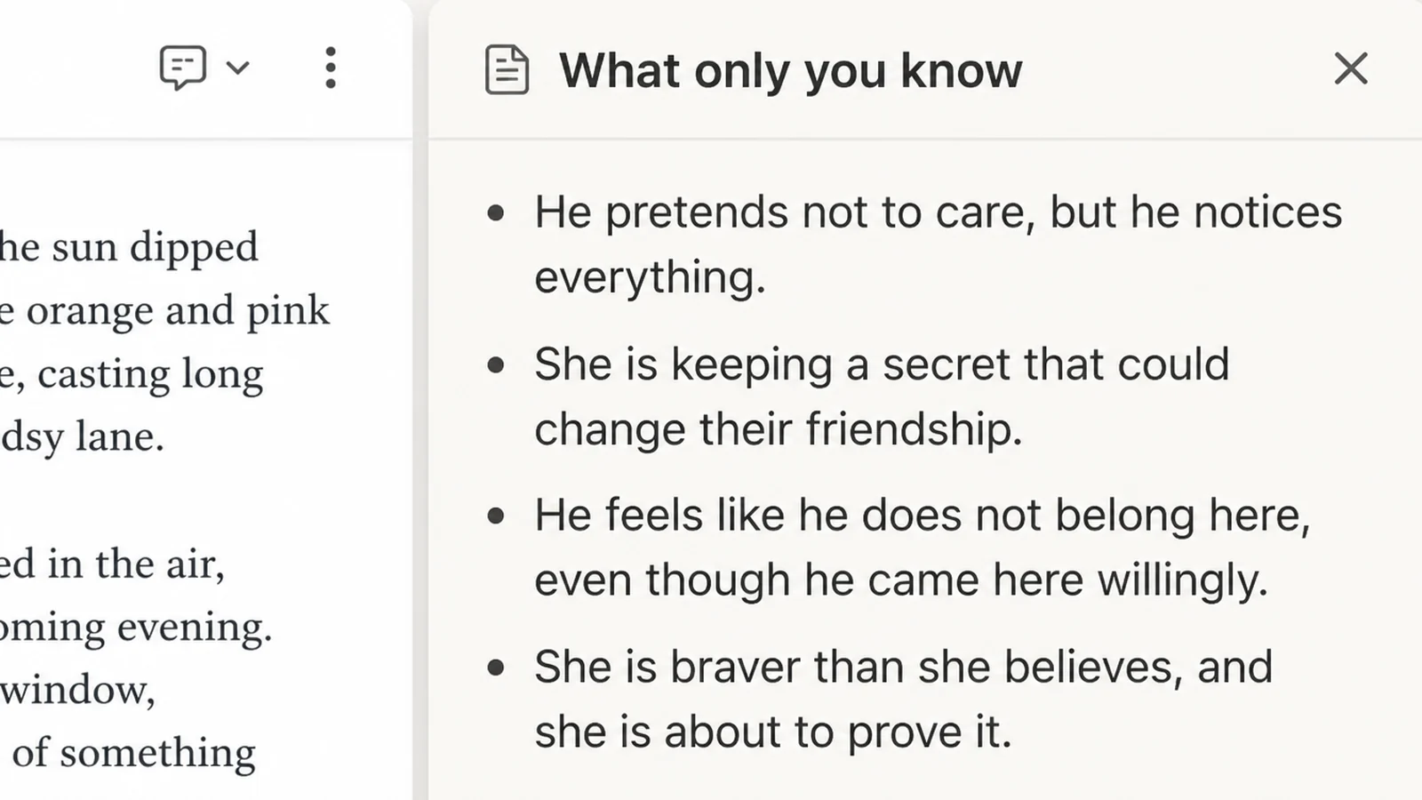 A notes panel headed What only you know, holding a few short bullet lines