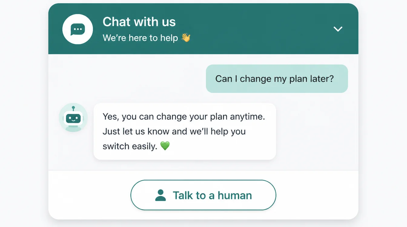 Chat widget mockup showing a bot answering a simple question with a talk to a human button.