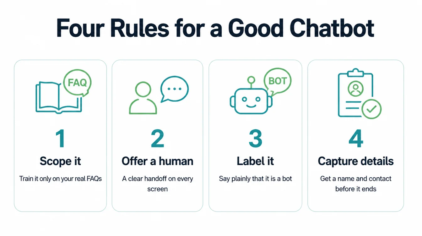 Infographic of four numbered rules for setting up a website chatbot well.