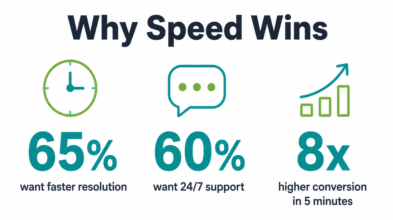 Infographic showing 65 percent want faster resolution, 60 percent want 24/7 support, and 8x higher conversion.