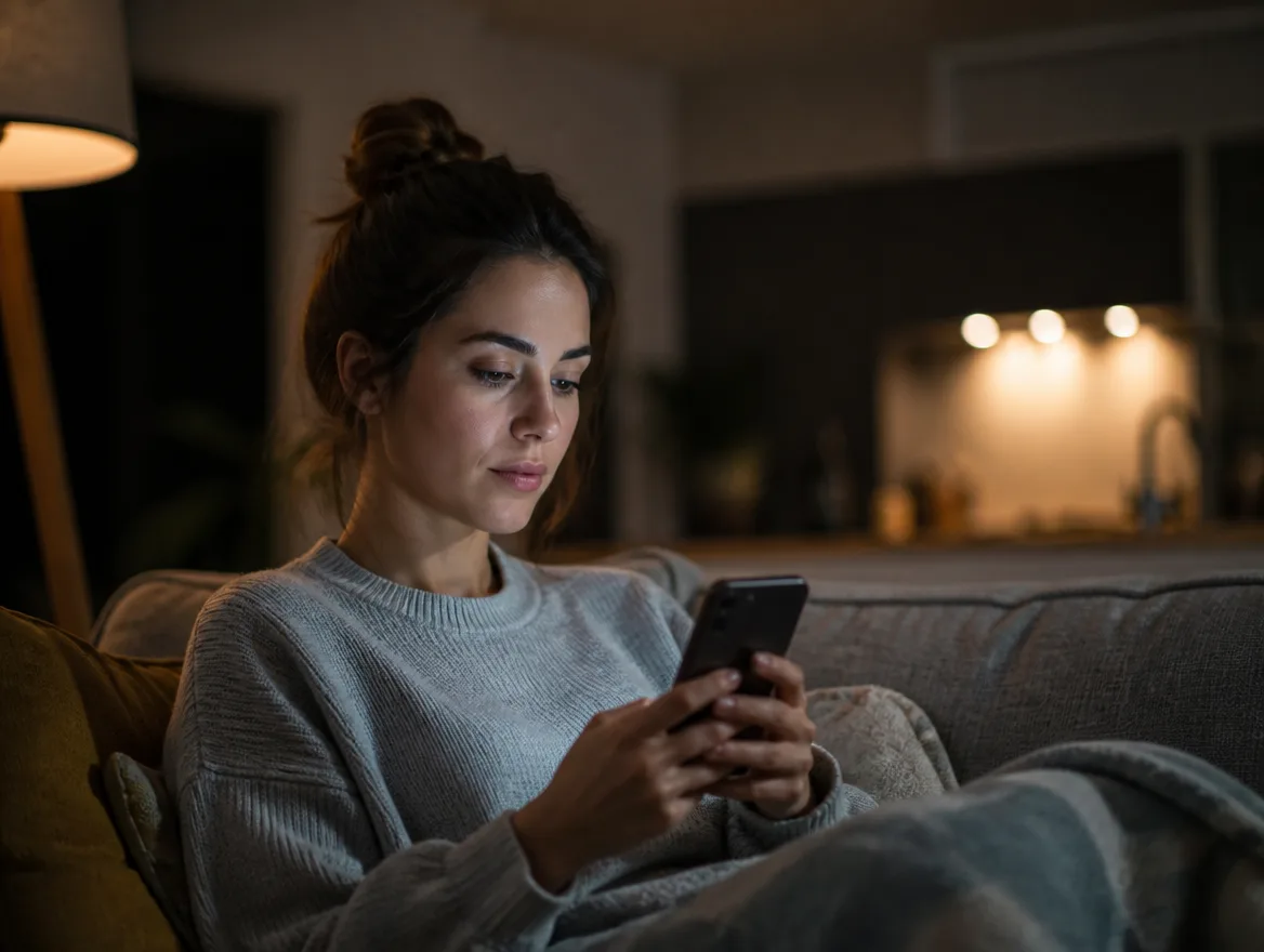 A customer relaxing on a sofa at night, typing a question into their phone.