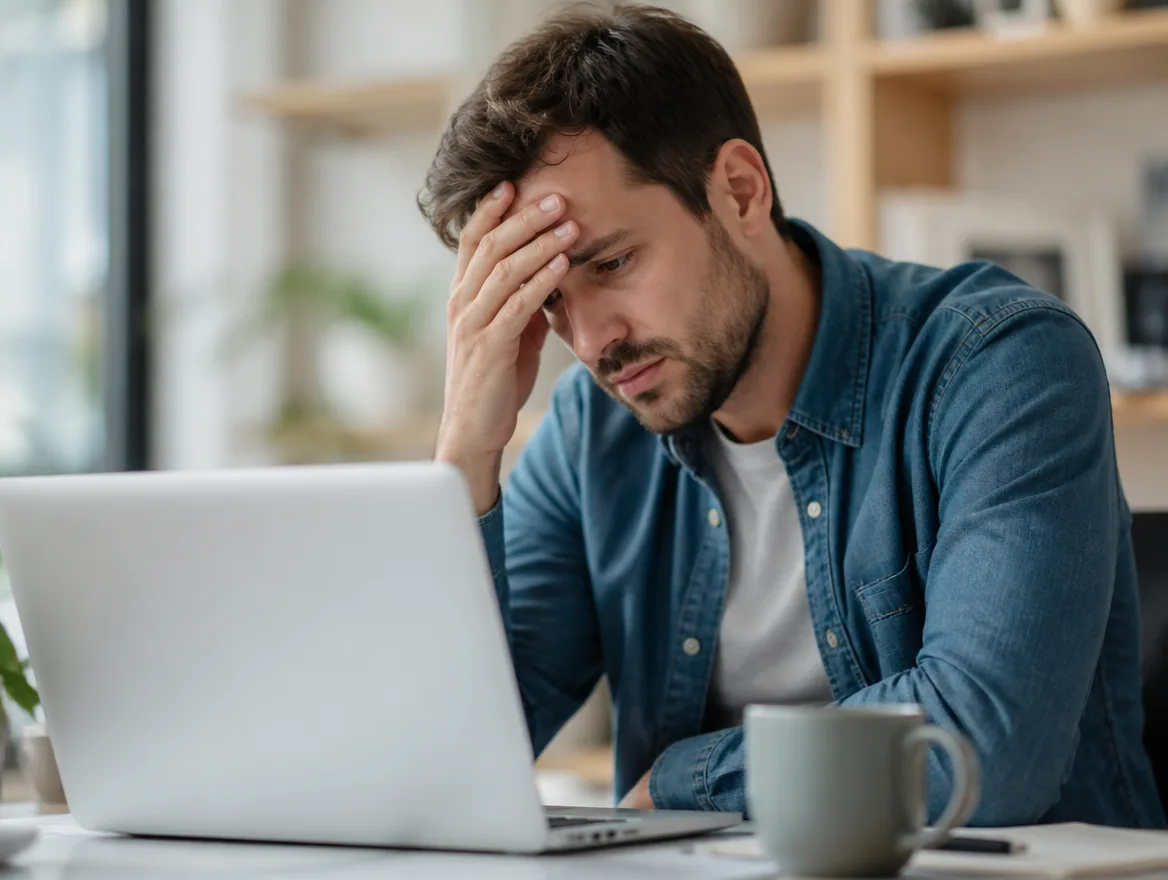 A frustrated person sitting at a laptop with a hand on their forehead.