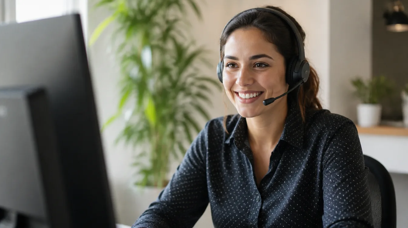 A friendly support person wearing a headset and smiling at their desk.