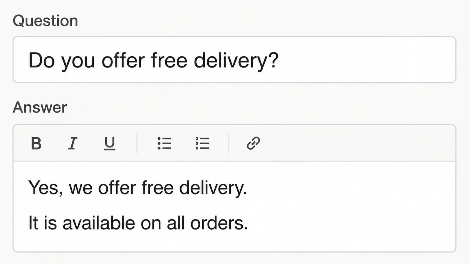 A chatbot answer editor with a Question field and an Answer field holding a short plain reply