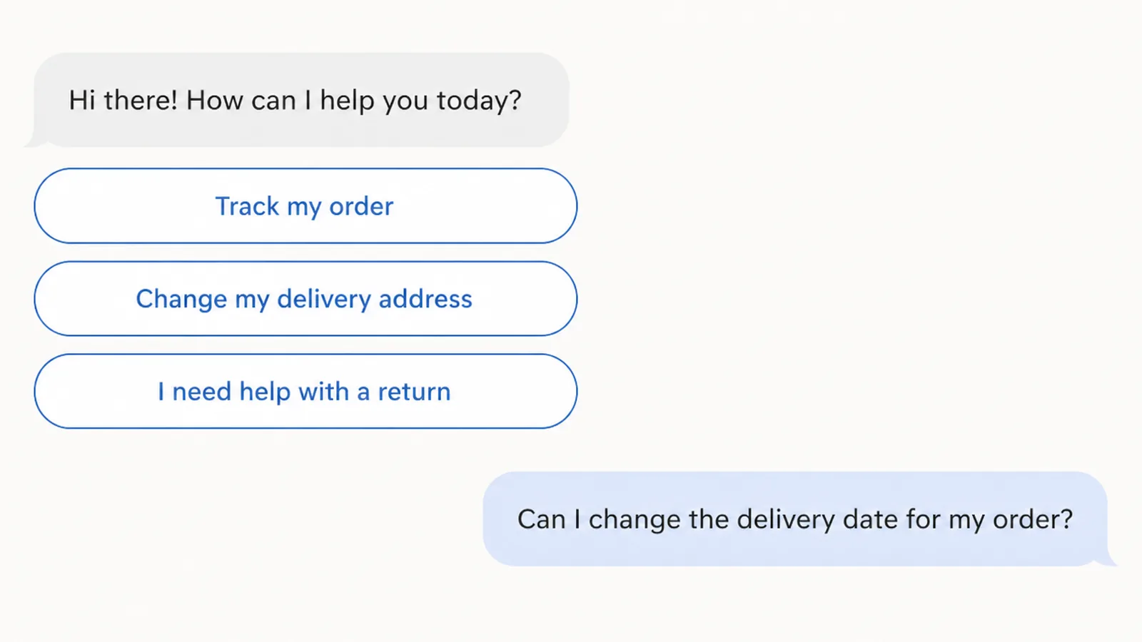 WhatsApp chat showing three tappable reply buttons beside a typed free text question