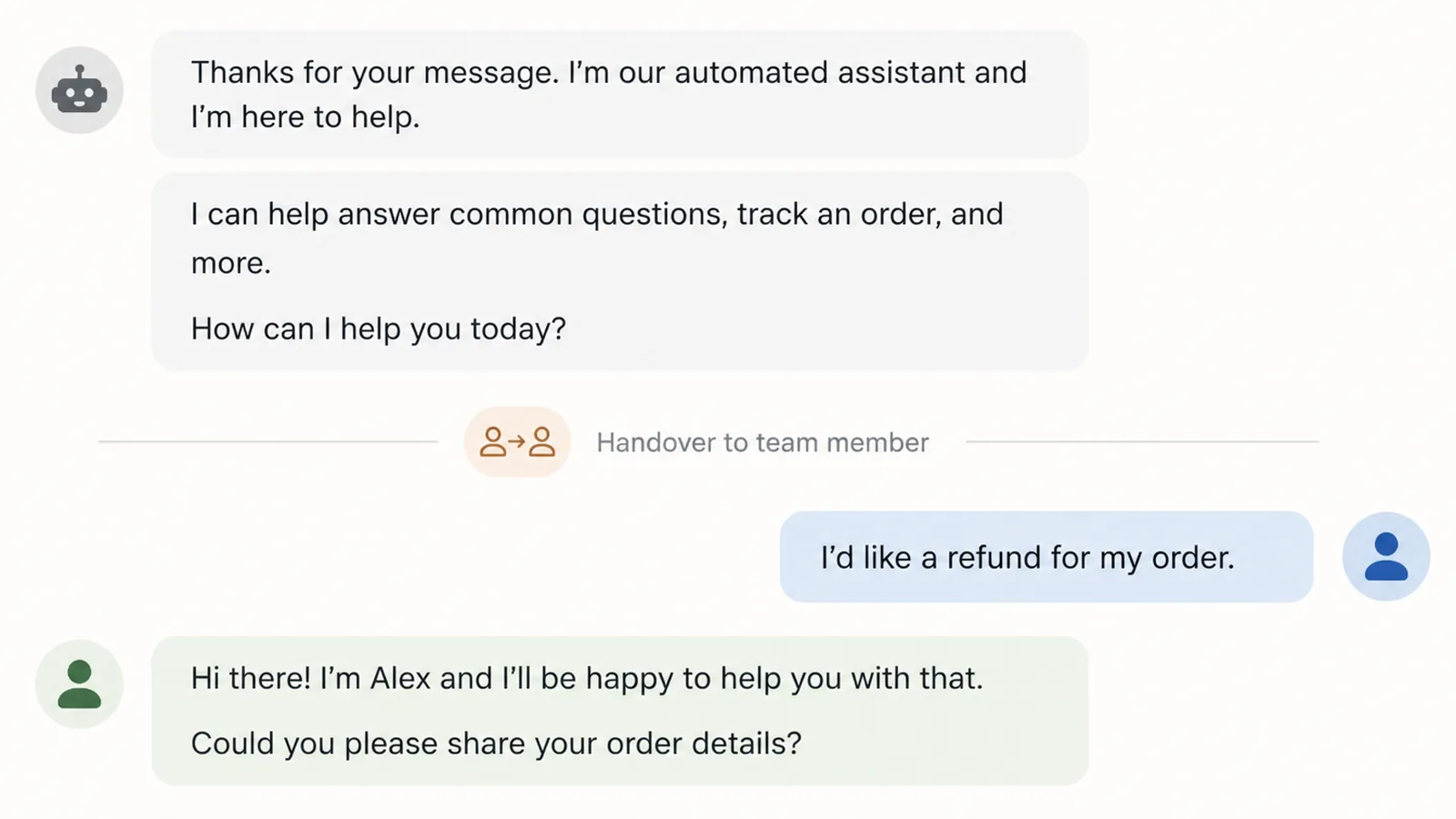 Chat thread where a chatbot answer stops and a named human team member takes over the conversation