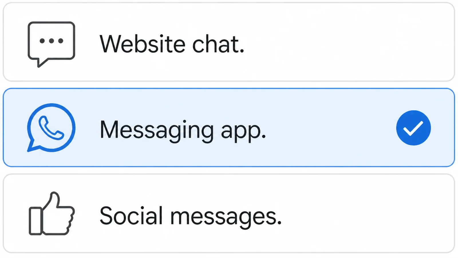 A channel selection panel with three options reading Website chat, Messaging app and Social messages, the middle one selected
