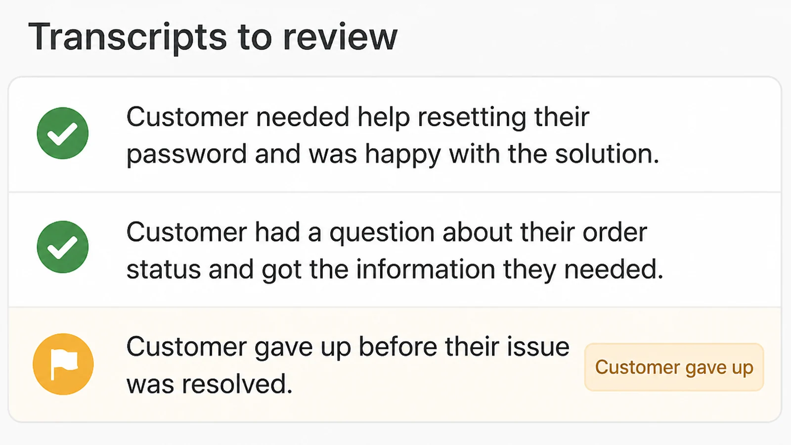 A transcript review screen listing three conversations, two ticked and one flagged with Customer gave up