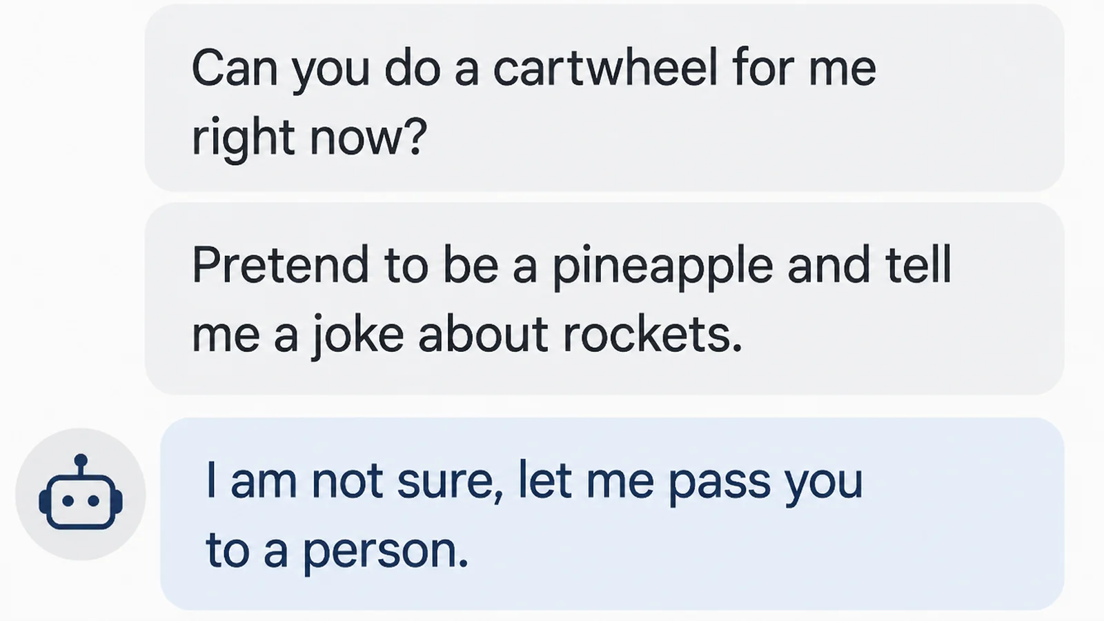 A chatbot test conversation with two awkward test questions and a reply offering to hand the chat over
