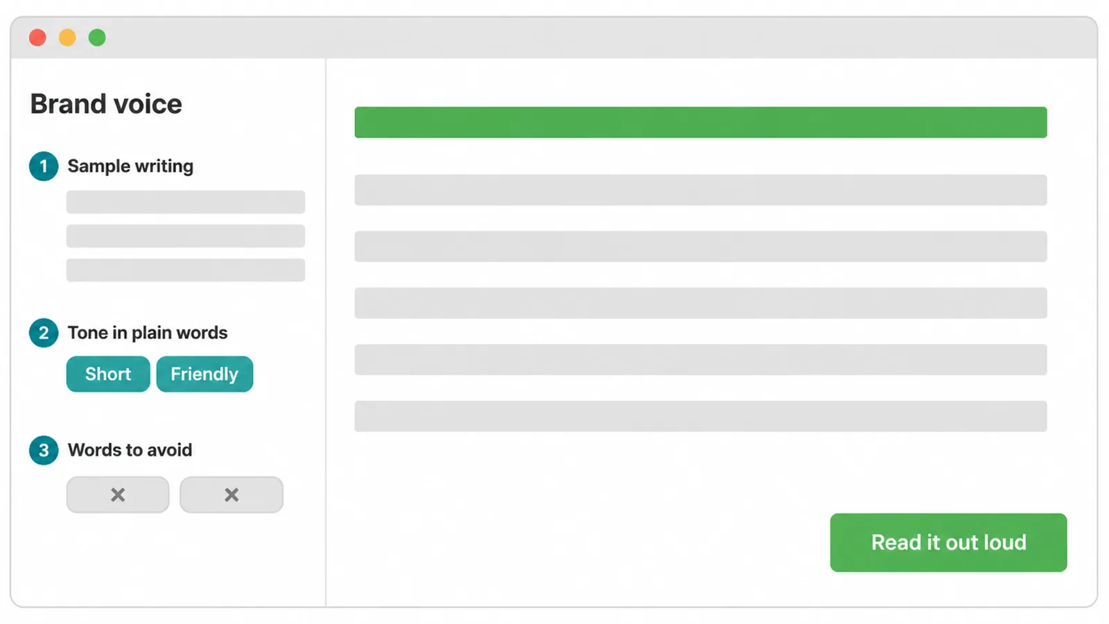 Mockup of a writing app panel with sample writing, tone words and a words to avoid list