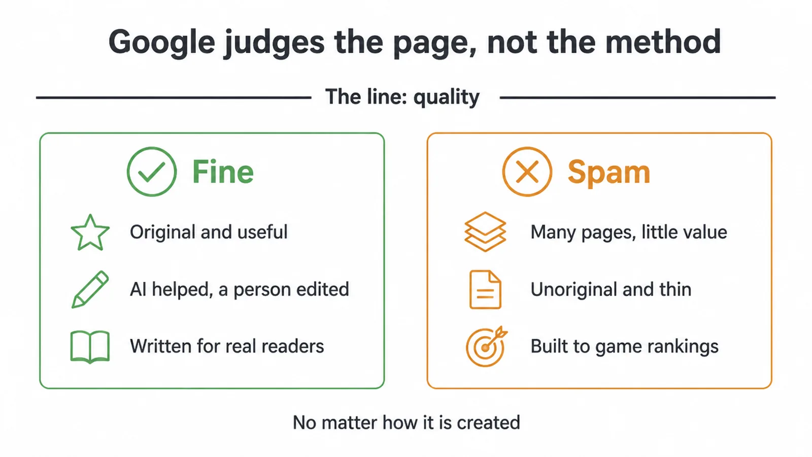 Comparison panel showing what counts as fine and what counts as spam in search