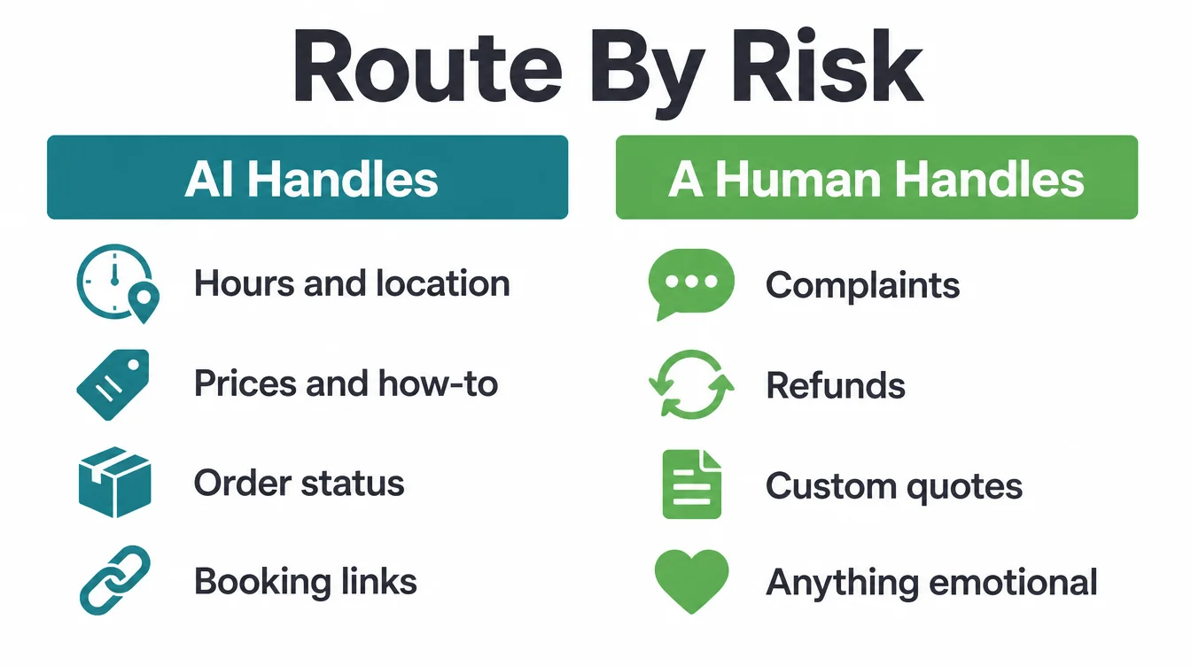 Two column chart showing which questions AI handles versus which questions need a human.