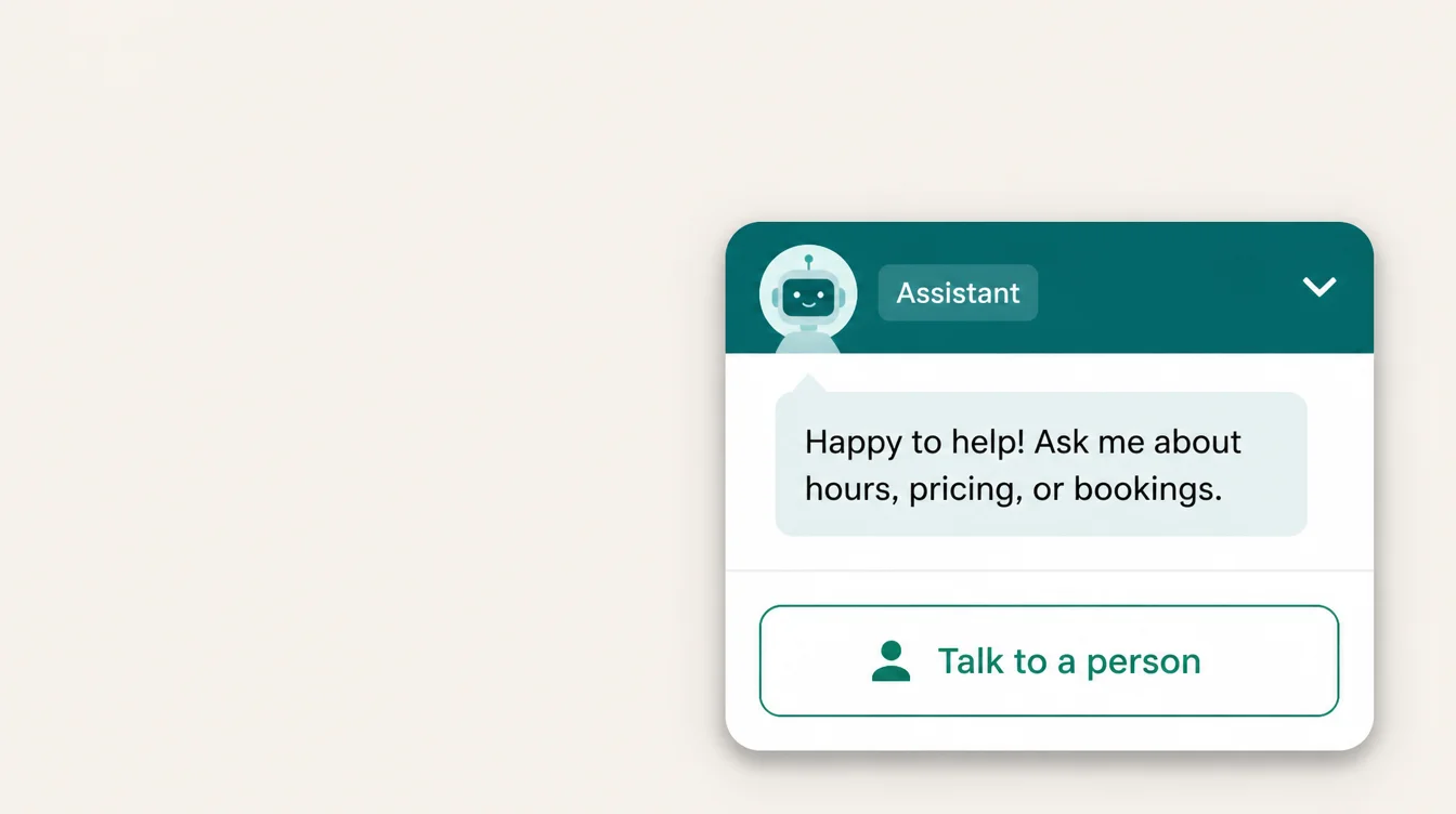 A website chat widget labelled Assistant with a clear talk to a person button underneath its reply.