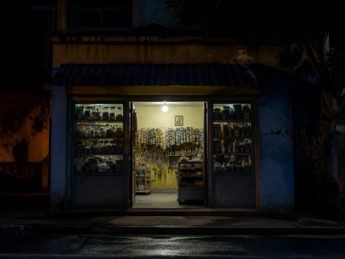 An empty small shop at night with a single light left on inside, suggesting always-on availability.